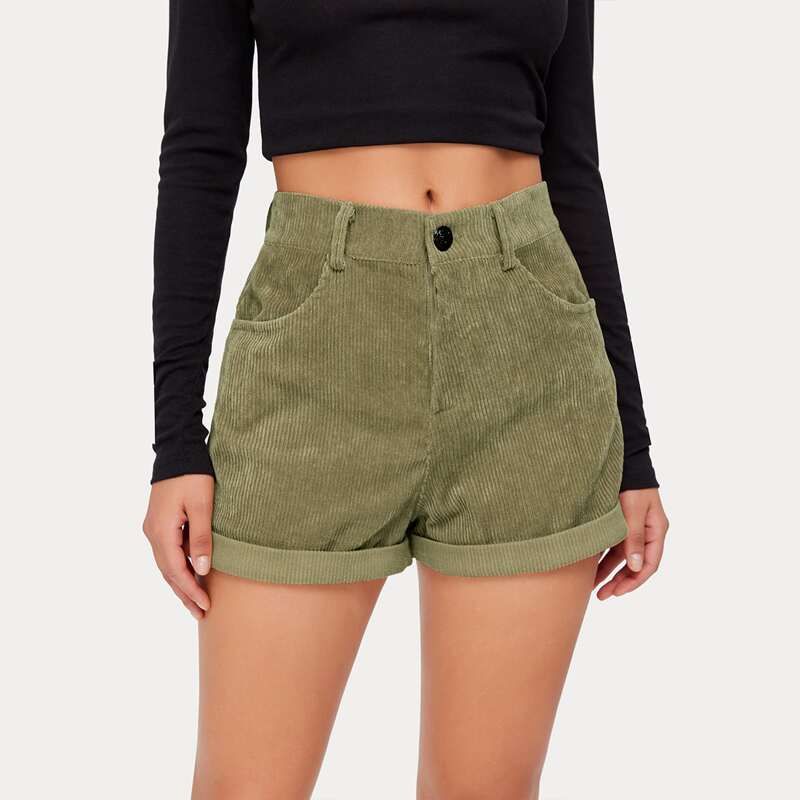 

Corduroy Cuffed Shorts, Olive green
