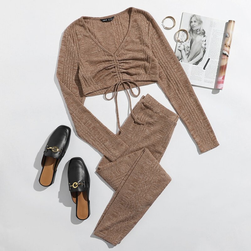 

Ruched Drawstring Front Tee & Leggings Set, Mocha brown