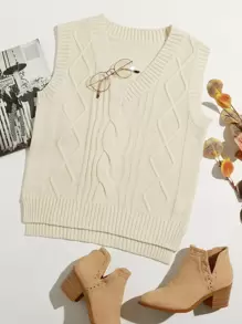 前短後長下擺纜繩針織毛衣背心 - 米色 - 查看 1