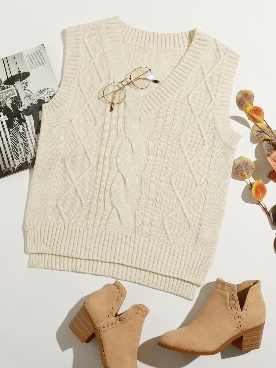 前短後長下擺纜繩針織毛衣背心 - 米色 - 查看 1