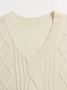 前短後長下擺纜繩針織毛衣背心 - 米色 - 查看 3