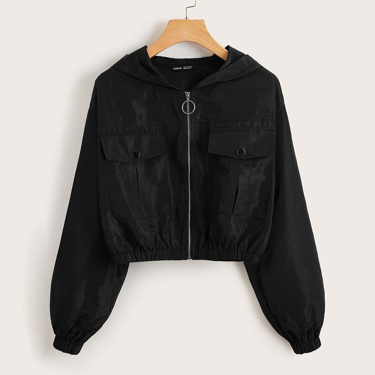 

Flap Pocket Front Zip Up Hooded Wind Jacket, Black