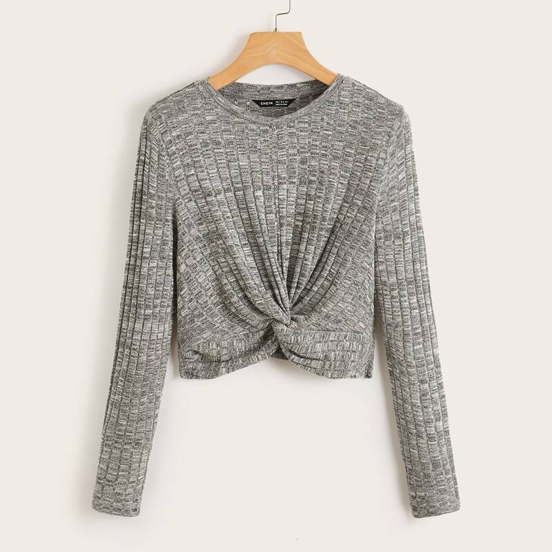 

Twist Hem Rib-knit Tee, Grey
