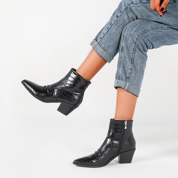 

Croc Embossed Side Zip Ankle Boots, Black