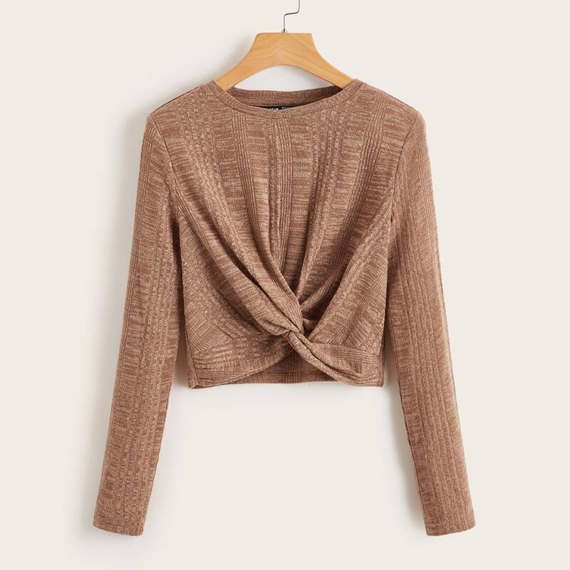 

Twist Hem Rib-knit Tee, Brown