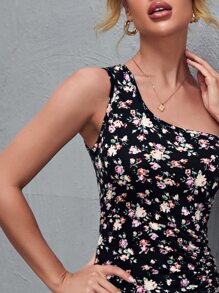 SHEIN VCAY One Shoulder Drawstring Ruched Ruffle Hem Floral Dress