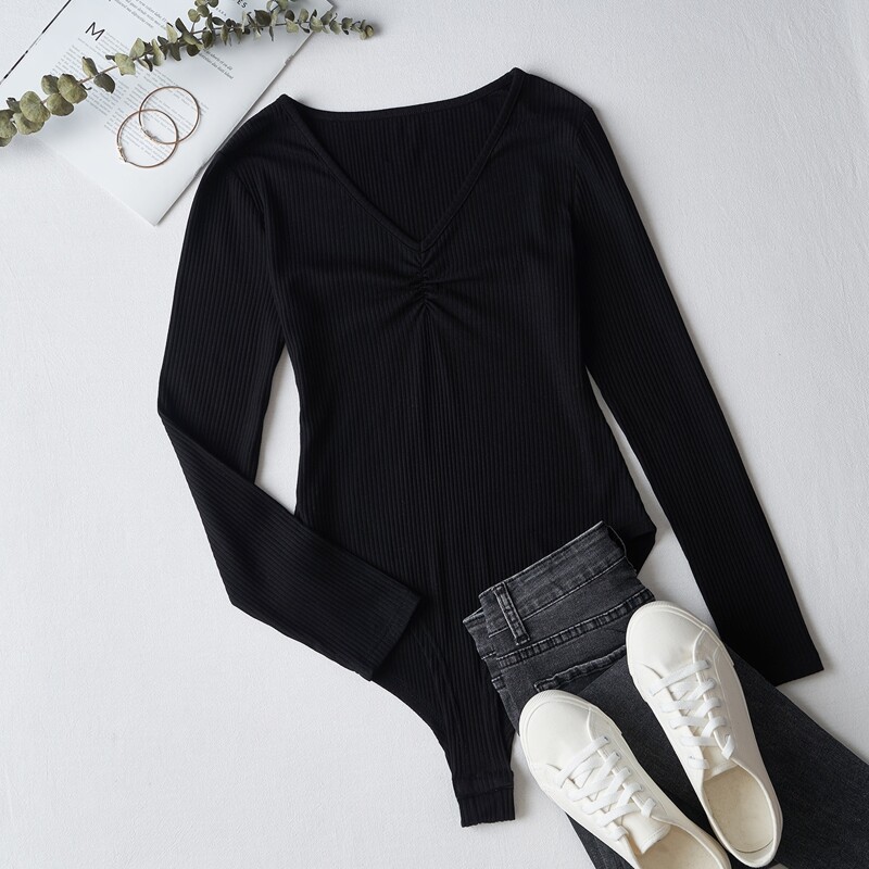 

Ribbed Ruched Tee Bodysuit, Black
