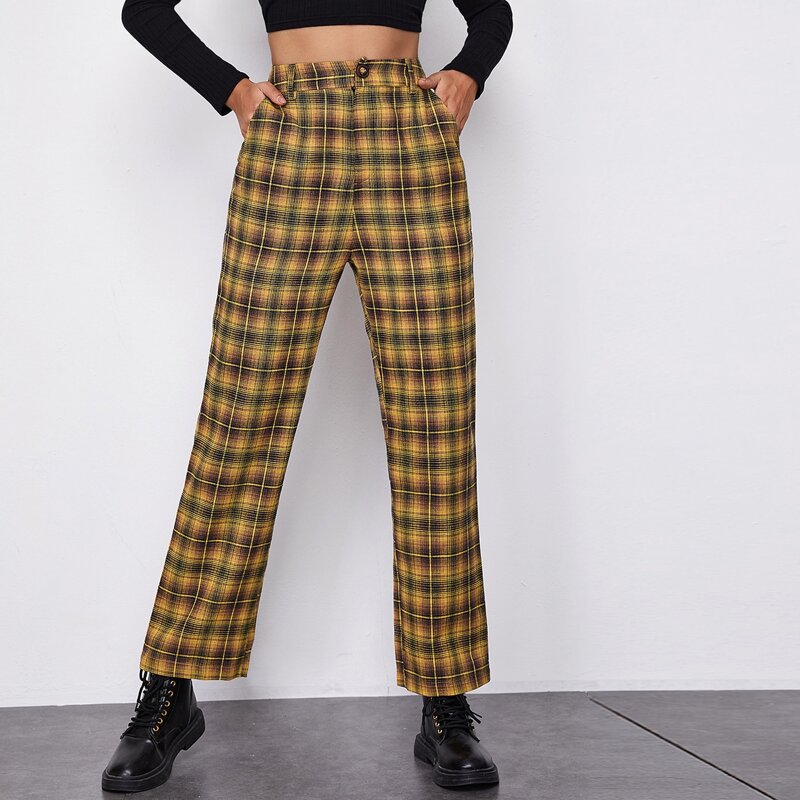 

Buttoned Front Slant Pocket Plaid Pants, Multicolor