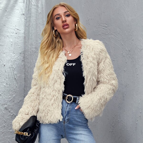 

Open Front Solid Fuzzy Coat, Beige