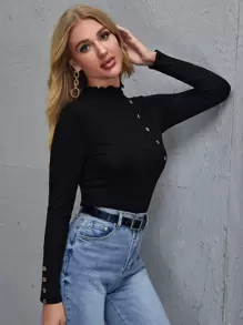 SHEIN Privé Áo thun Gân đan màu trơn Thanh lịch - màu đen - Xem 5