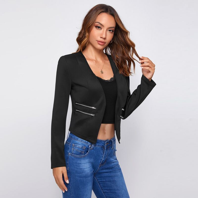

Zip Detail Open Front Blazer, Black