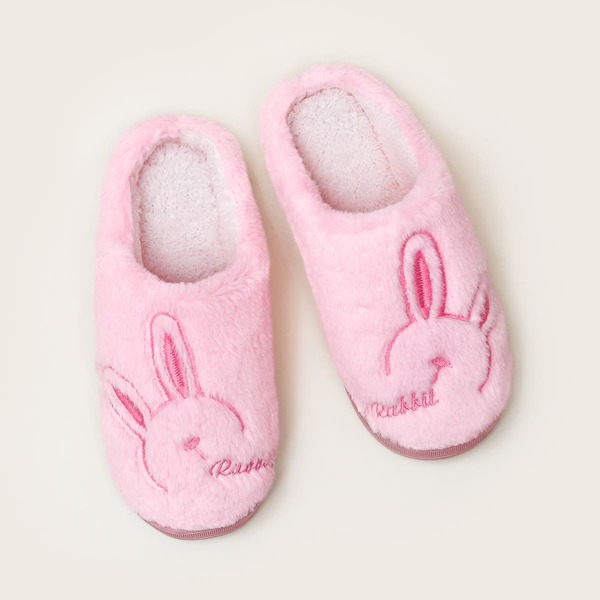 

Cartoon Embroidered Fluffy Slippers, Pink