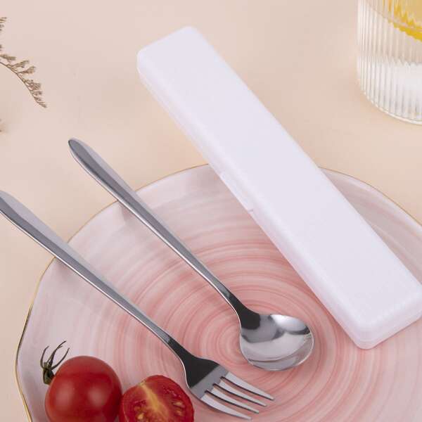 

1pc Stainless Steel Fork & 1pc Spoon & 1pc Box, Silver