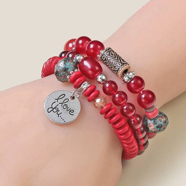 

3pcs Disc Charm Beaded Bracelet, Multicolor
