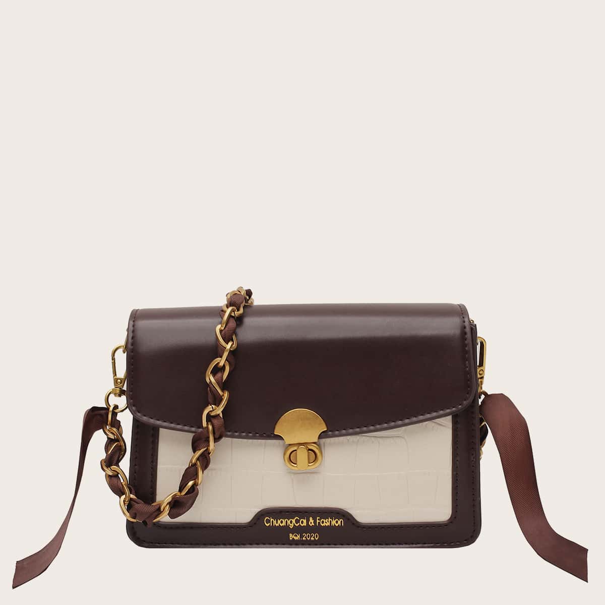 

Two Tone Twist Lock Shoulder Bag, Coffee brown