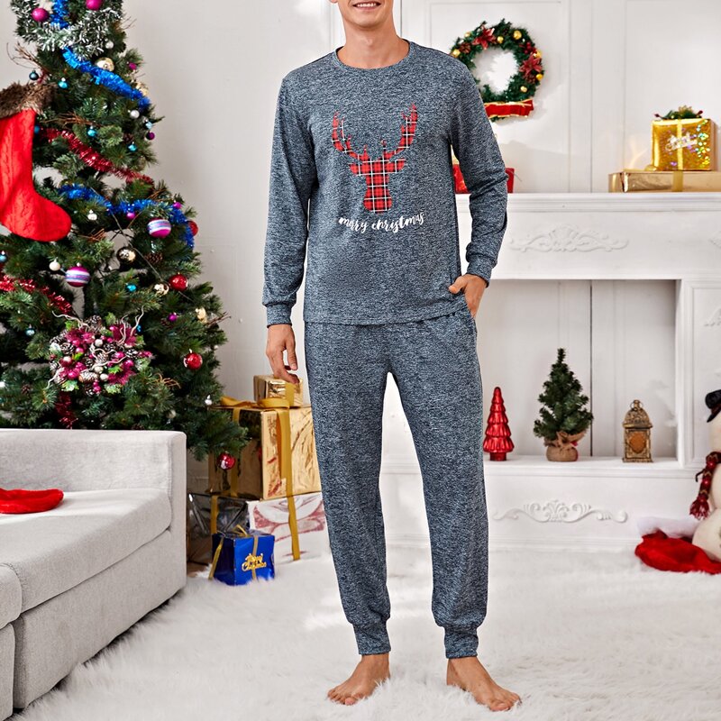 

Guys Christmas Elk Print PJ Set, Dark grey