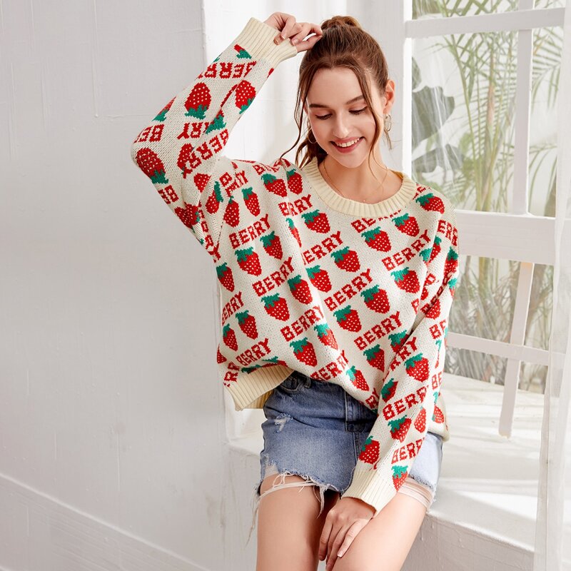 

Strawberry Pattern Oversized Sweater, Multicolor