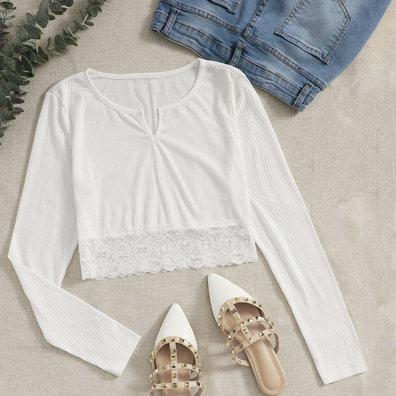 

Solid Lace Hem Crop Tee, White