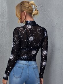 SHEIN Privé Lettuce Trim Galaxy Sheer Mesh Top Without Bra - Black - View 2