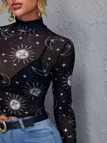 SHEIN Privé Lettuce Trim Galaxy Sheer Mesh Top Without Bra - Black - View 3