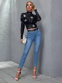 SHEIN Privé Lettuce Trim Galaxy Sheer Mesh Top Without Bra - Black - View 4