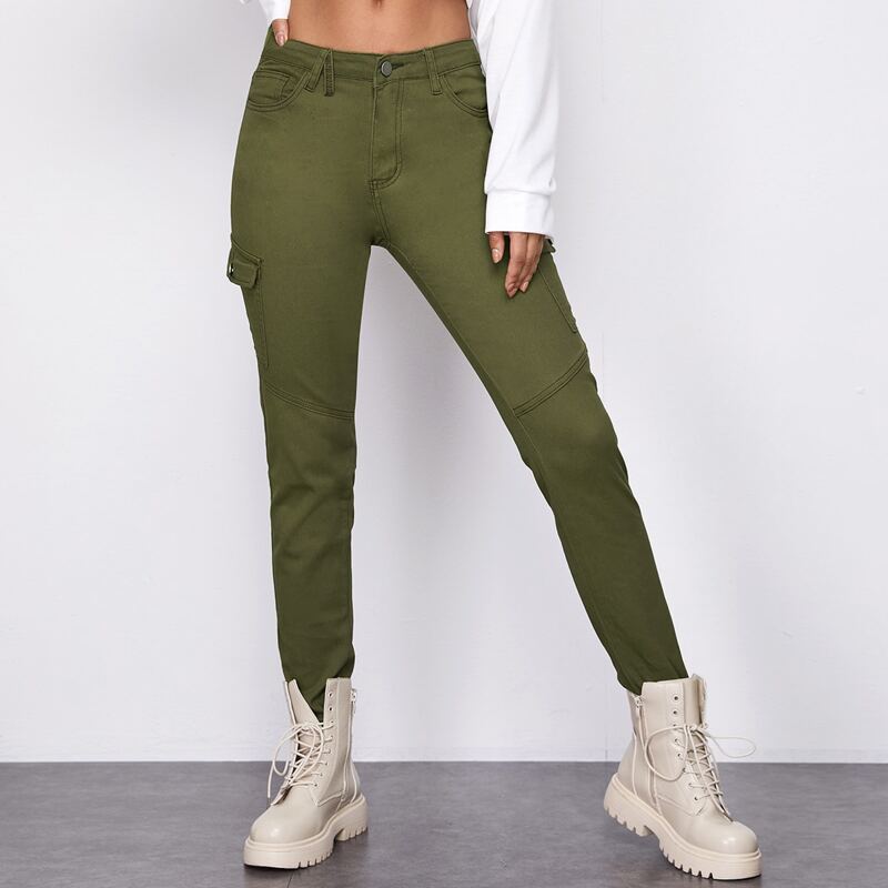 

High Waist Patch Pocket Skinny Jeans, Army green