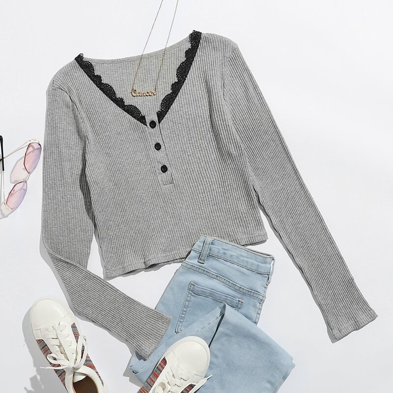 

Ribbed Lace Trim Button Tee, Grey