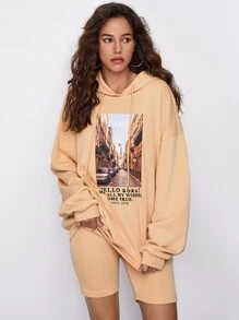SHEIN Drop Shoulder Letter and Picture Print Hoodie & Biker Shorts Set - Khaki - View 1