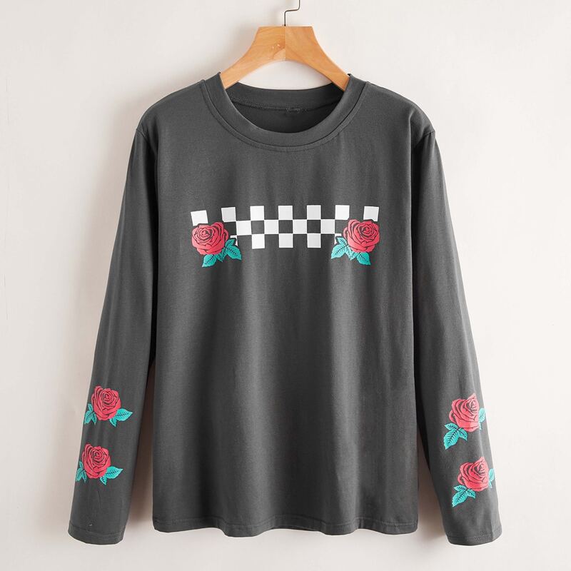

Rose & Checkerboard Graphic Tee, Dark grey