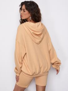 SHEIN Drop Shoulder Letter and Picture Print Hoodie & Biker Shorts Set - Khaki - View 2