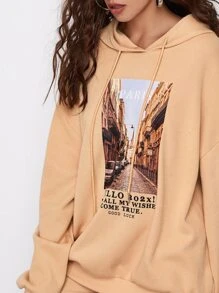 SHEIN Drop Shoulder Letter and Picture Print Hoodie & Biker Shorts Set - Khaki - View 3