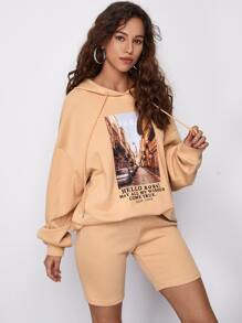 SHEIN Drop Shoulder Letter and Picture Print Hoodie & Biker Shorts Set - Khaki - View 4