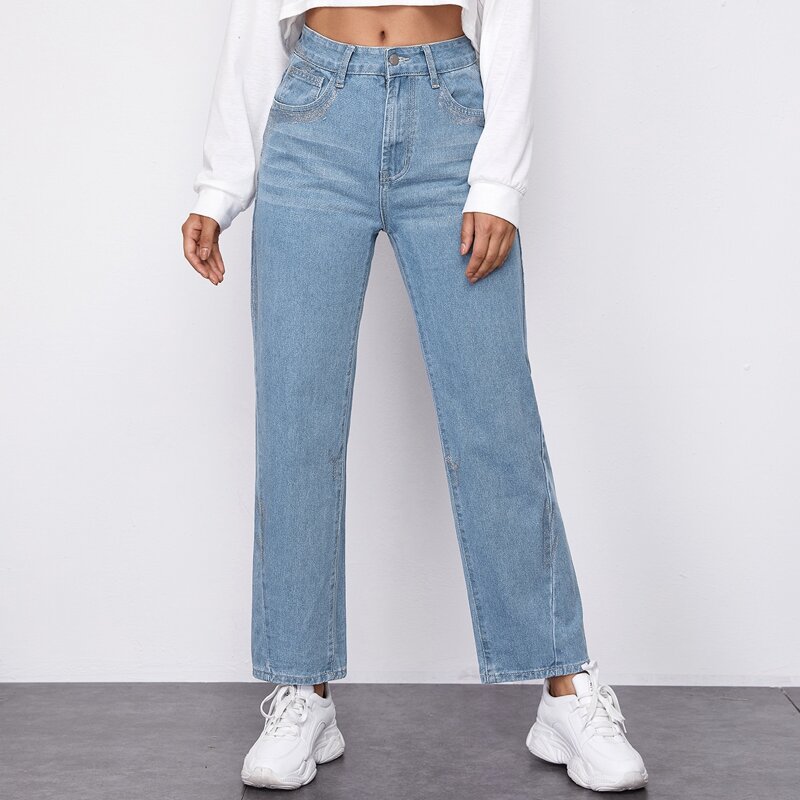 

Contrast Glitter Straight Leg Jeans, Light wash