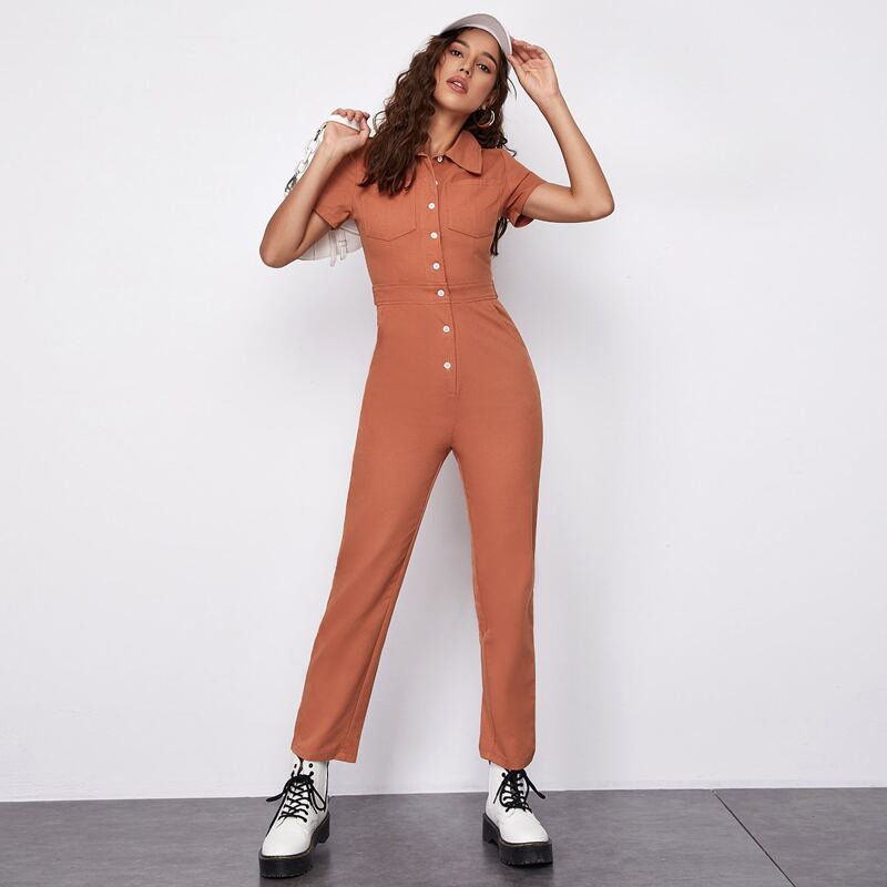 

Button Front Patch Pocket Denim Jumpsuit, Burnt orange