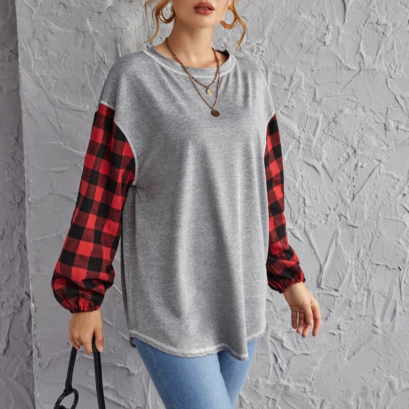 

Drop Shoulder Buffalo Plaid Sleeve Pullover, Grey