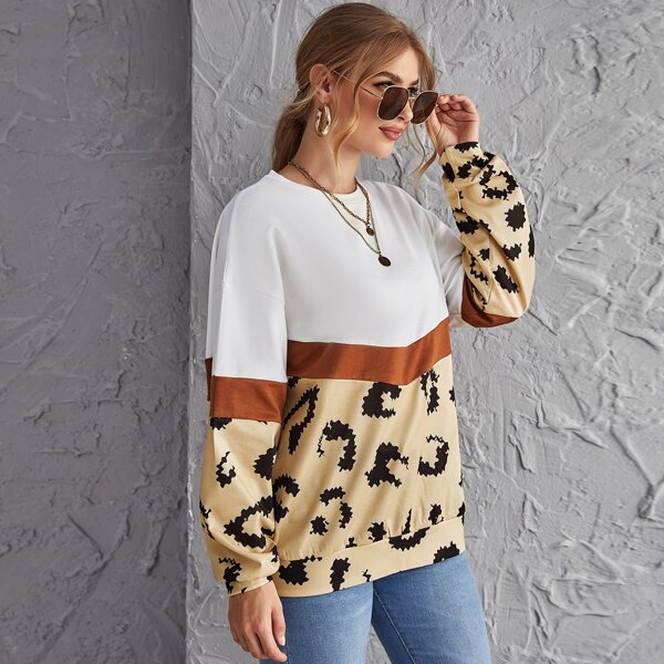 

Drop Shoulder Colorblock Leopard Oversized Pullover, Multicolor