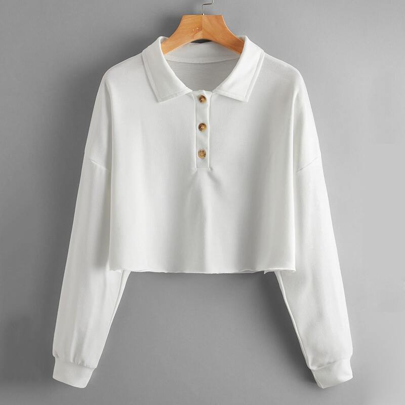 

Solid Polo Crop Sweatshirt, White