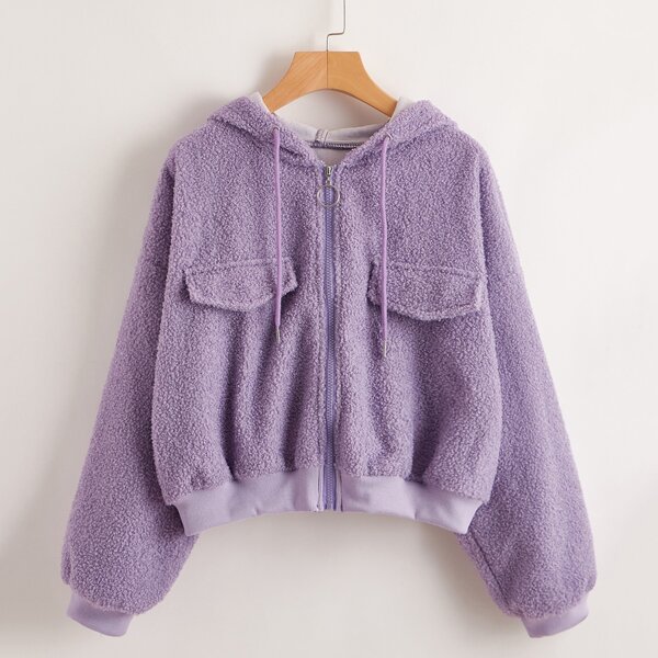 

Plus Solid Zip Up Drawstring Hooded Teddy Jacket, Lilac purple