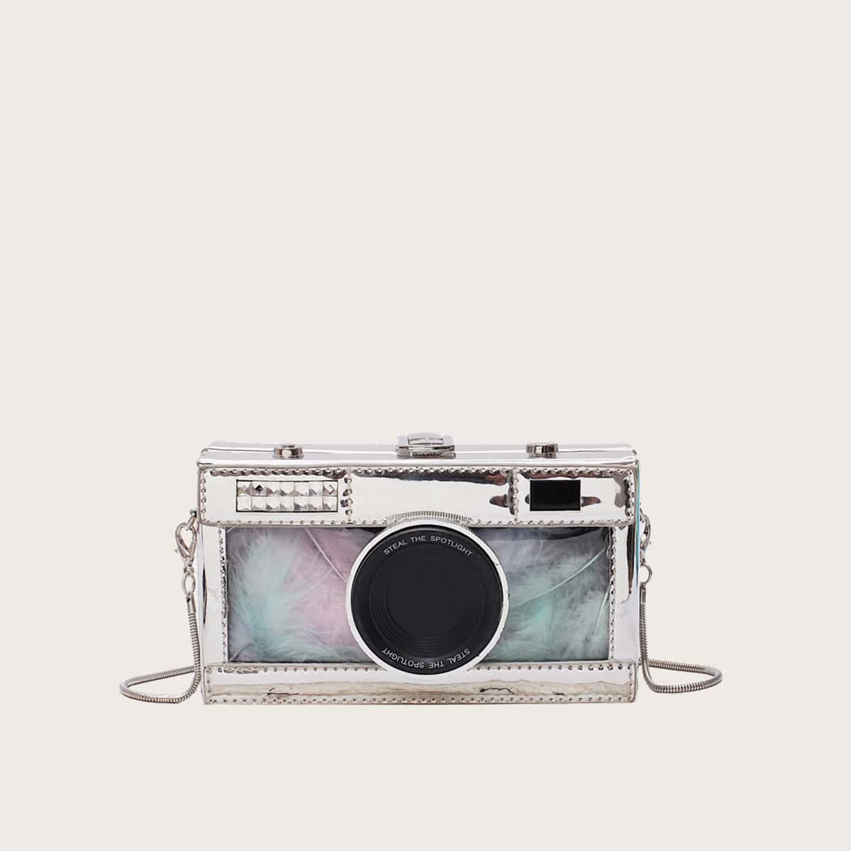 

Rhinestone Camera Chain Box Bag, Silver
