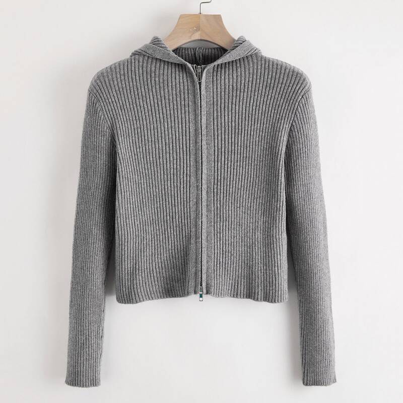 

Ribbed Zip Up Hooded Cardigan, Grey