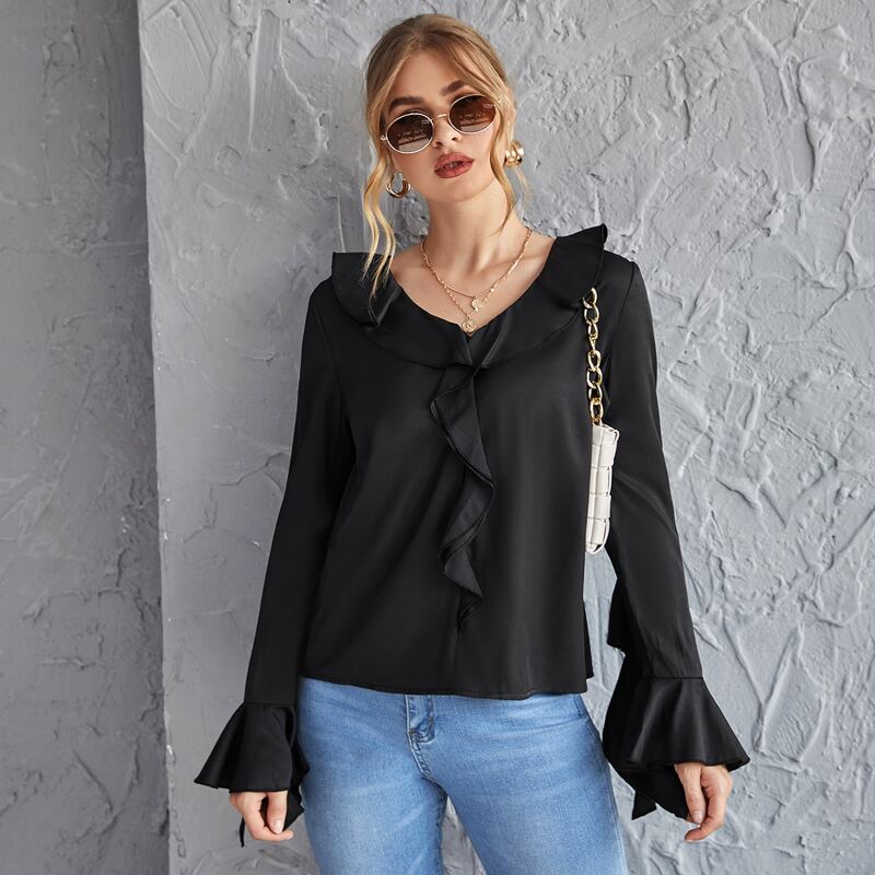 

Ruffle Trim Flounce Sleeve Solid Top, Black