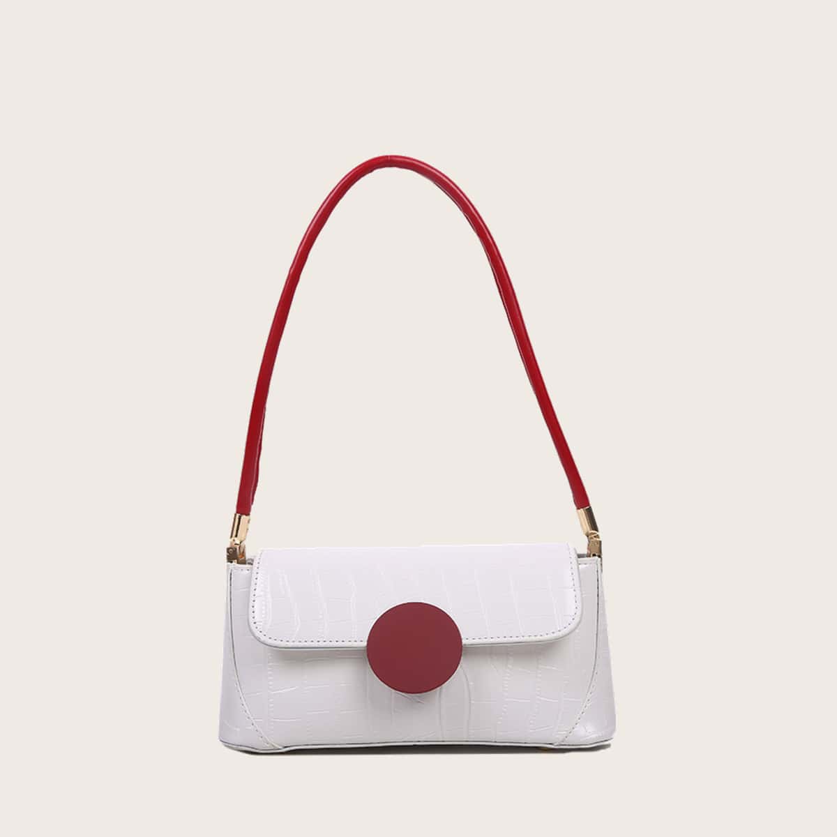 

Colorblock Croc Baguette Bag, Red and white