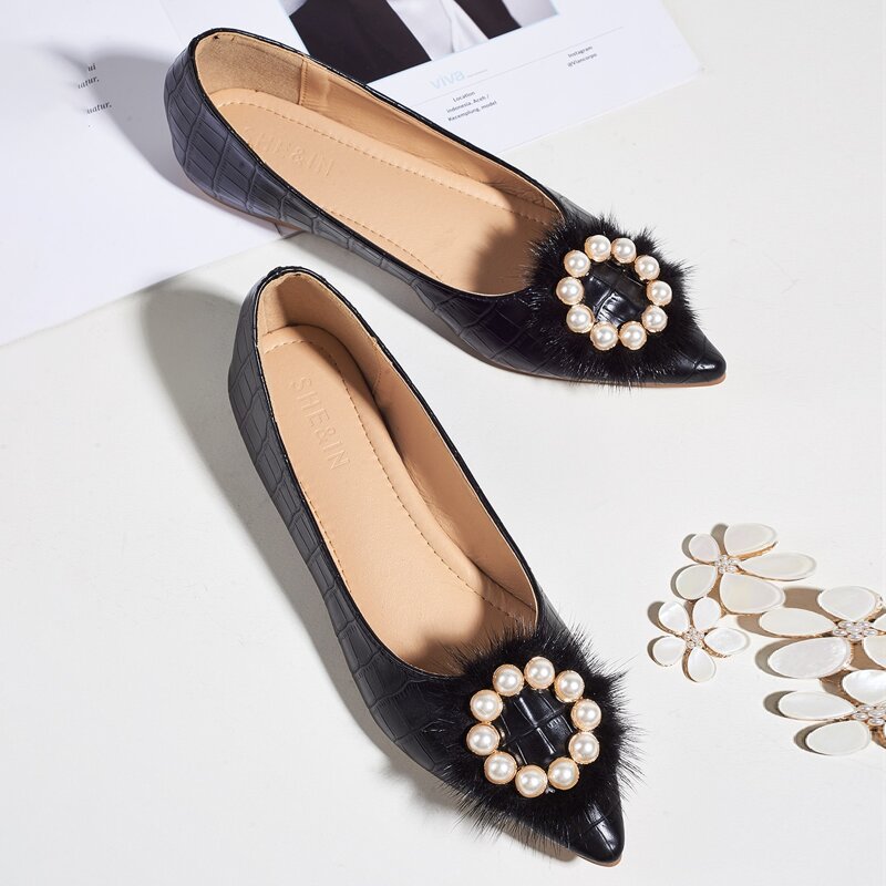 

Faux Pearl Decor Flats, Black