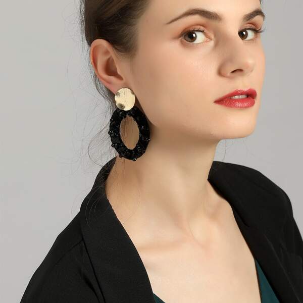 

Bead Decor Oval Drop Earrings, Black