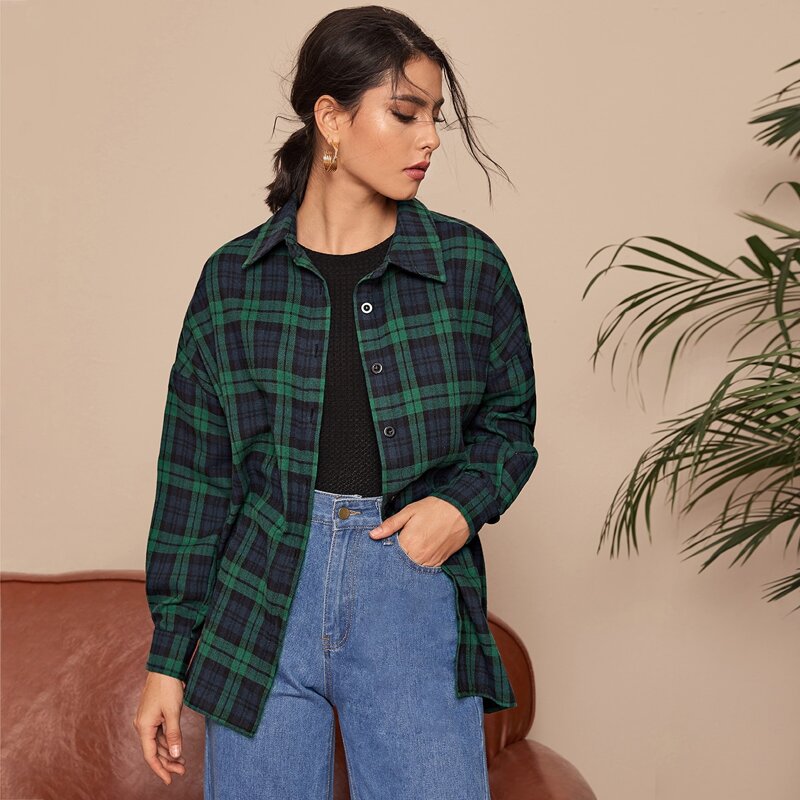 

Collared Single Breasted Tartan Blouse, Multicolor