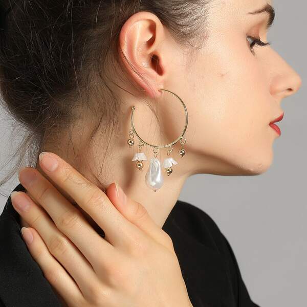 

Faux Pearl Pendant Hoop Earrings, White
