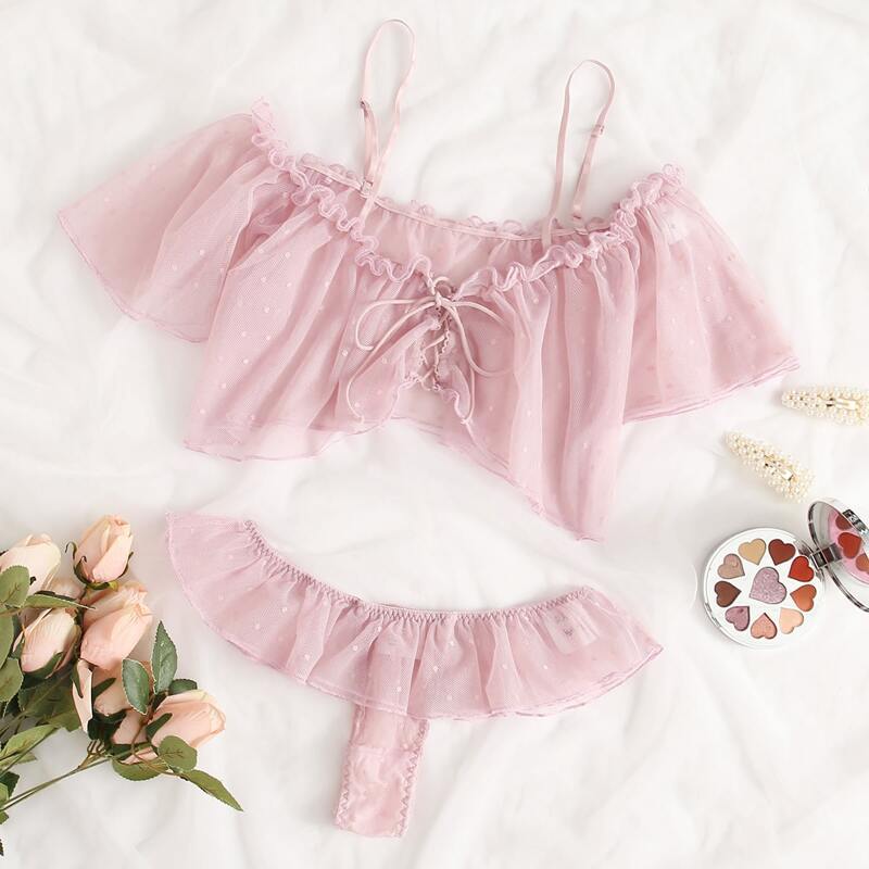 

Polka Dot Chiffon Ruffle Lingerie Set, Pastel baby pink