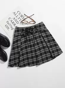 SHEIN Plaid Lace-Up Front Pleated Mini Skirt - Black - View 1