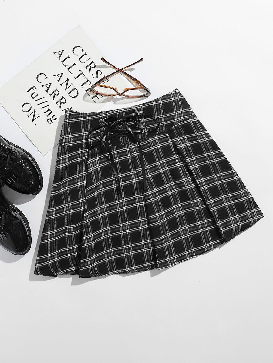 SHEIN Plaid Lace-Up Front Pleated Mini Skirt - Black - View 1