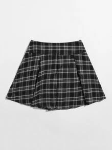 SHEIN Plaid Lace-Up Front Pleated Mini Skirt - Black - View 2